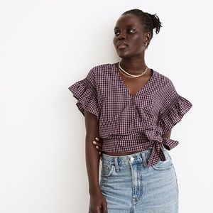 Madewell Flutter-Sleeve Side-Tie Wrap Top in Plaid